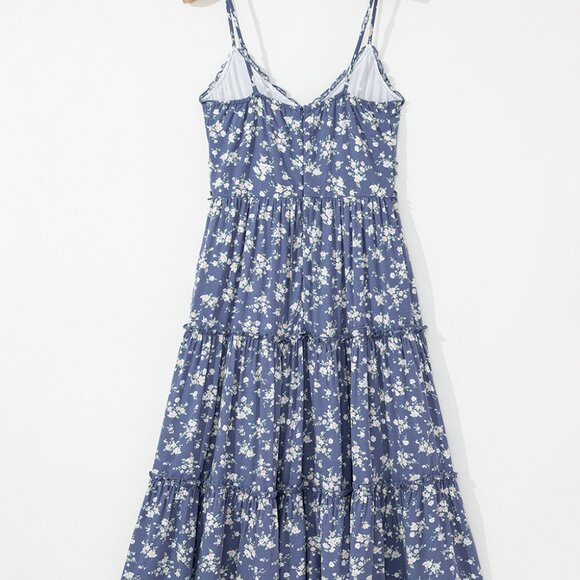 B266 Blue Floral Spaghetti Strap Frilled V Neck Tiered Midi Dress - Picture 10 of 16
